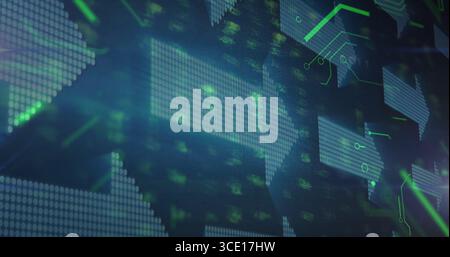 Showing right-pointing dot matrix arrows on blue interface, green circuitry and geometric accents Stock Photo