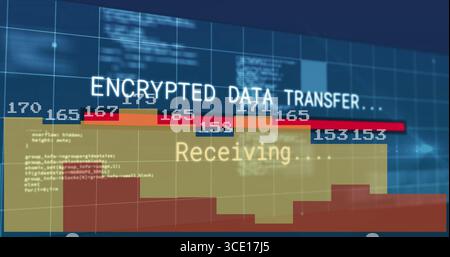Displaying bar chart tracking encrypted data transfer progress on grid interface with code overlay Stock Photo