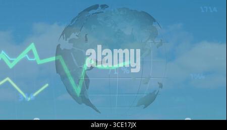 Displaying translucent globe overlaying blue sky with clouds, with green graph and numeric values Stock Photo