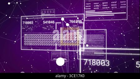 Displaying interface panel in virtual network, with keyboard layout, nodes and numeric data windows Stock Photo
