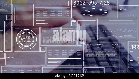 Typing software developer hands entering data on laptop keyboard at wooden desk, with data overlays Stock Photo