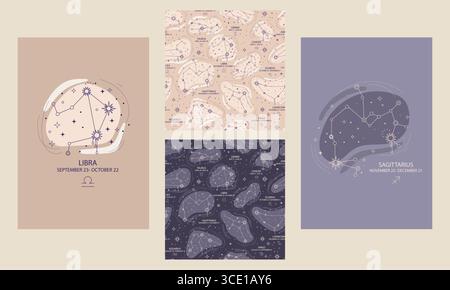 Mystic occult celestial designs set. Tarot card backgrounds, back reverse side. Posters and seamless pattern bundle. Magic esoteric symbols, constella Stock Vector