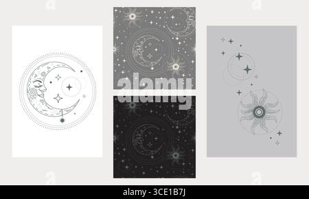 Tarot card backgrounds, reverse side. Mystic celestial designs set. Posters, seamless pattern bundle. Magic esoteric symbols, constellations and stars Stock Vector