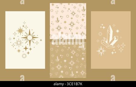 Celestial posters and seamless pattern set. Mystery esoteric decoration with stars and crystals, backgrounds in trendy palette. Vector illustration fo Stock Vector