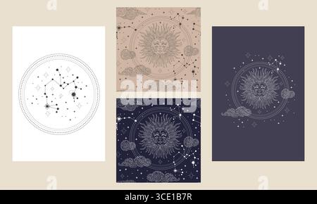 Magic esoteric symbols, constellations, sun and stars. Mystic celestial designs set. Tarot card backgrounds, back reverse side. Posters and seamless p Stock Vector
