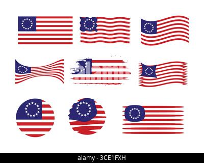 Collection of Vintage Betsy Ross American Flag with Different Styles. Stock Vector