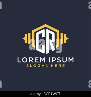 Initial CR logo design for fitness center with creative dumbbell geometric style vector graphic Stock Vector