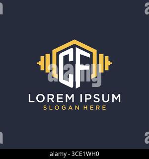 Initial CF logo design for fitness center with creative dumbbell geometric style vector graphic Stock Vector