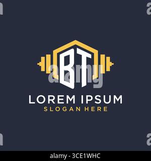 Initial BT logo design for fitness center with creative dumbbell geometric style vector graphic Stock Vector