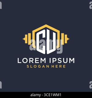 Initial CU logo design for fitness center with creative dumbbell geometric style vector graphic Stock Vector
