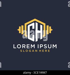 Initial CH logo design for fitness center with creative dumbbell geometric style vector graphic Stock Vector