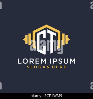Initial CT logo design for fitness center with creative dumbbell geometric style vector graphic Stock Vector