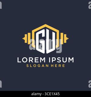 Initial GU logo design for fitness center with creative dumbbell geometric style vector graphic Stock Vector