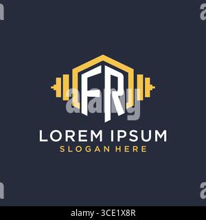 Initial FR logo design for fitness center with creative dumbbell geometric style vector graphic Stock Vector