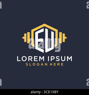 Initial EU logo design for fitness center with creative dumbbell geometric style vector graphic Stock Vector