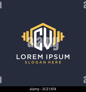 Initial CV logo design for fitness center with creative dumbbell geometric style vector graphic Stock Vector