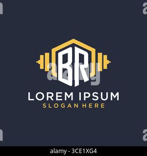 Initial BR logo design for fitness center with creative dumbbell geometric style vector graphic Stock Vector