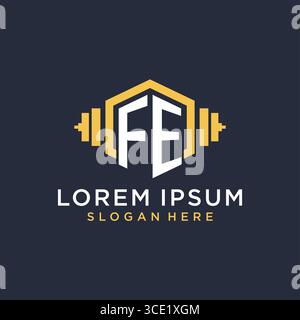 Initial FE logo design for fitness center with creative dumbbell geometric style vector graphic Stock Vector