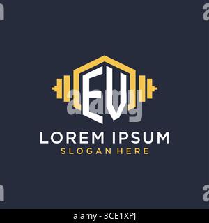Initial EV logo design for fitness center with creative dumbbell geometric style vector graphic Stock Vector
