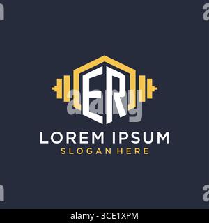 Initial ER logo design for fitness center with creative dumbbell geometric style vector graphic Stock Vector
