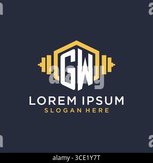 Initial GW logo design for fitness center with creative dumbbell geometric style vector graphic Stock Vector
