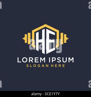 Initial HE logo design for fitness center with creative dumbbell geometric style vector graphic Stock Vector