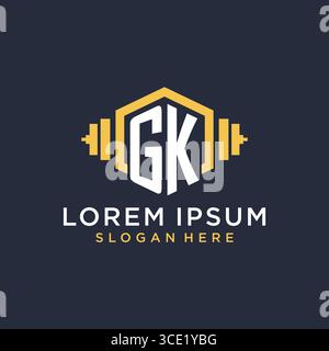 Initial GK logo design for fitness center with creative dumbbell geometric style vector graphic Stock Vector