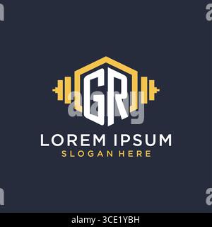 Initial GR logo design for fitness center with creative dumbbell geometric style vector graphic Stock Vector