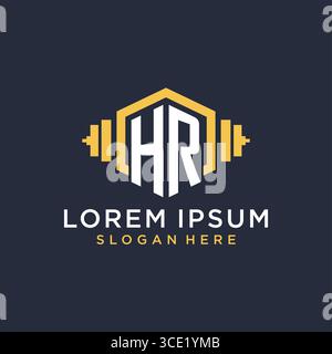 Initial HR logo design for fitness center with creative dumbbell geometric style vector graphic Stock Vector
