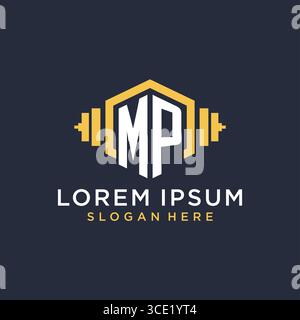 Initial MP logo design for fitness center with creative dumbbell geometric style vector graphic Stock Vector