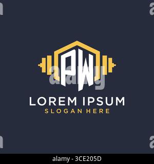Initial PW logo design for fitness center with creative dumbbell geometric style vector graphic Stock Vector