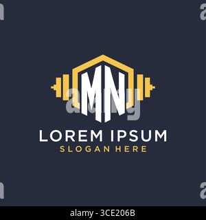 Initial MN logo design for fitness center with creative dumbbell geometric style vector graphic Stock Vector