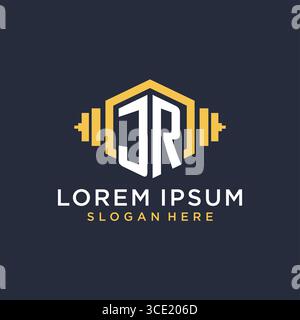Initial JR logo design for fitness center with creative dumbbell geometric style vector graphic Stock Vector