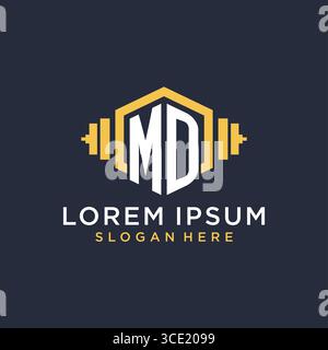 Initial MD logo design for fitness center with creative dumbbell geometric style vector graphic Stock Vector