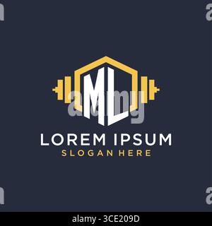 Initial ML logo design for fitness center with creative dumbbell geometric style vector graphic Stock Vector