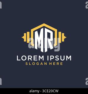 Initial MR logo design for fitness center with creative dumbbell geometric style vector graphic Stock Vector