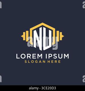 Initial NU logo design for fitness center with creative dumbbell geometric style vector graphic Stock Vector