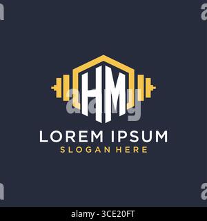 Initial HM logo design for fitness center with creative dumbbell geometric style vector graphic Stock Vector