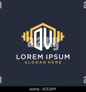 Initial OV logo design for fitness center with creative dumbbell geometric style vector graphic Stock Vector