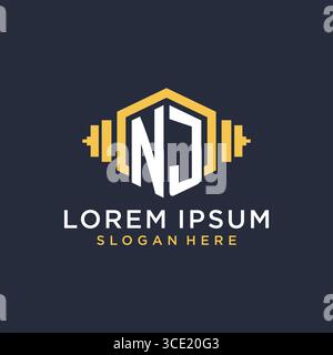 Initial NJ logo design for fitness center with creative dumbbell geometric style vector graphic Stock Vector
