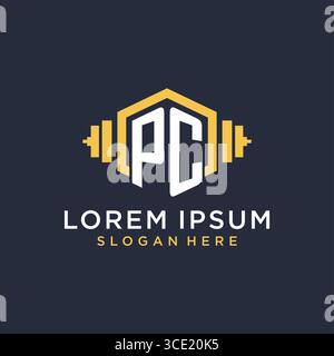 Initial PC logo design for fitness center with creative dumbbell geometric style vector graphic Stock Vector