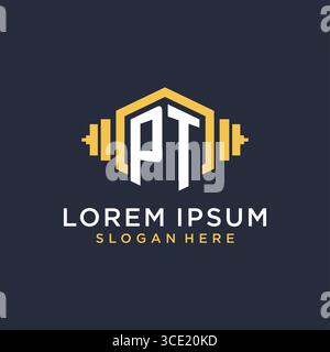 Initial PT logo design for fitness center with creative dumbbell geometric style vector graphic Stock Vector