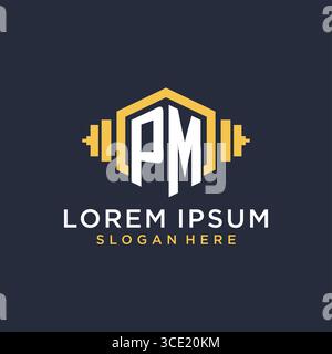 Initial PM logo design for fitness center with creative dumbbell geometric style vector graphic Stock Vector