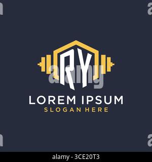 Initial RY logo design for fitness center with creative dumbbell geometric style vector graphic Stock Vector