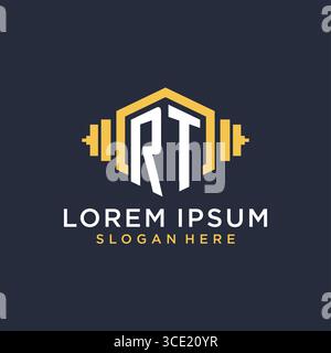 Initial RT logo design for fitness center with creative dumbbell geometric style vector graphic Stock Vector