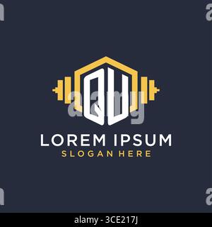 Initial QU logo design for fitness center with creative dumbbell geometric style vector graphic Stock Vector