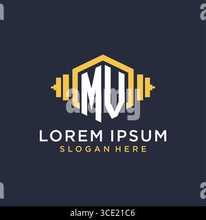 Initial MV logo design for fitness center with creative dumbbell geometric style vector graphic Stock Vector