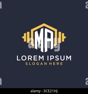 Initial MA logo design for fitness center with creative dumbbell geometric style vector graphic Stock Vector