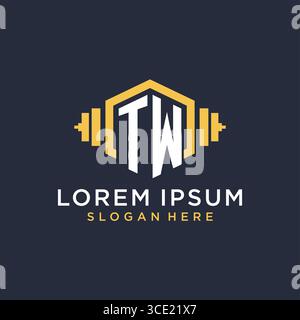 Initial TW logo design for fitness center with creative dumbbell geometric style vector graphic Stock Vector