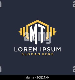 Initial MT logo design for fitness center with creative dumbbell geometric style vector graphic Stock Vector